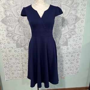 Euc $80 Miusol Amazon Navy Blue Wrap Front Cap Sleeve Work Dress Fit & Flare M